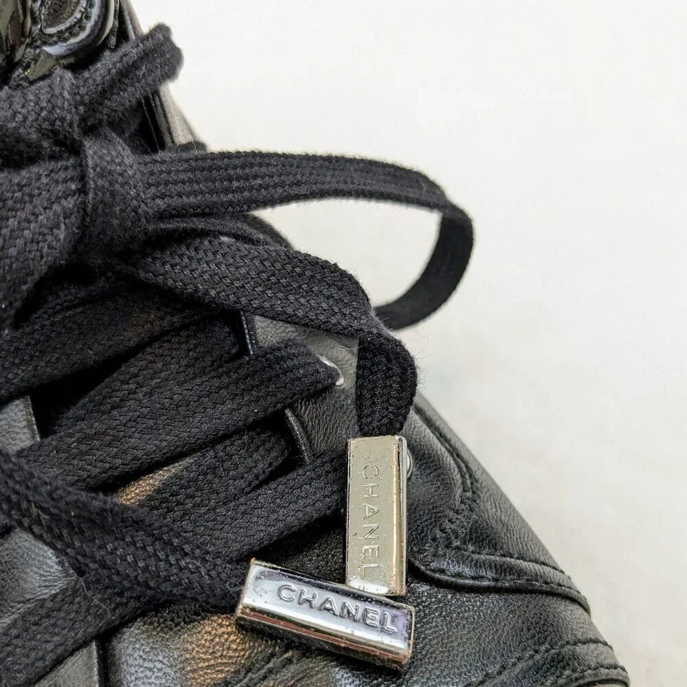 CHANEL Leather Sneaker Trainers Patent Toe Lace Up - Picture 12 of 13